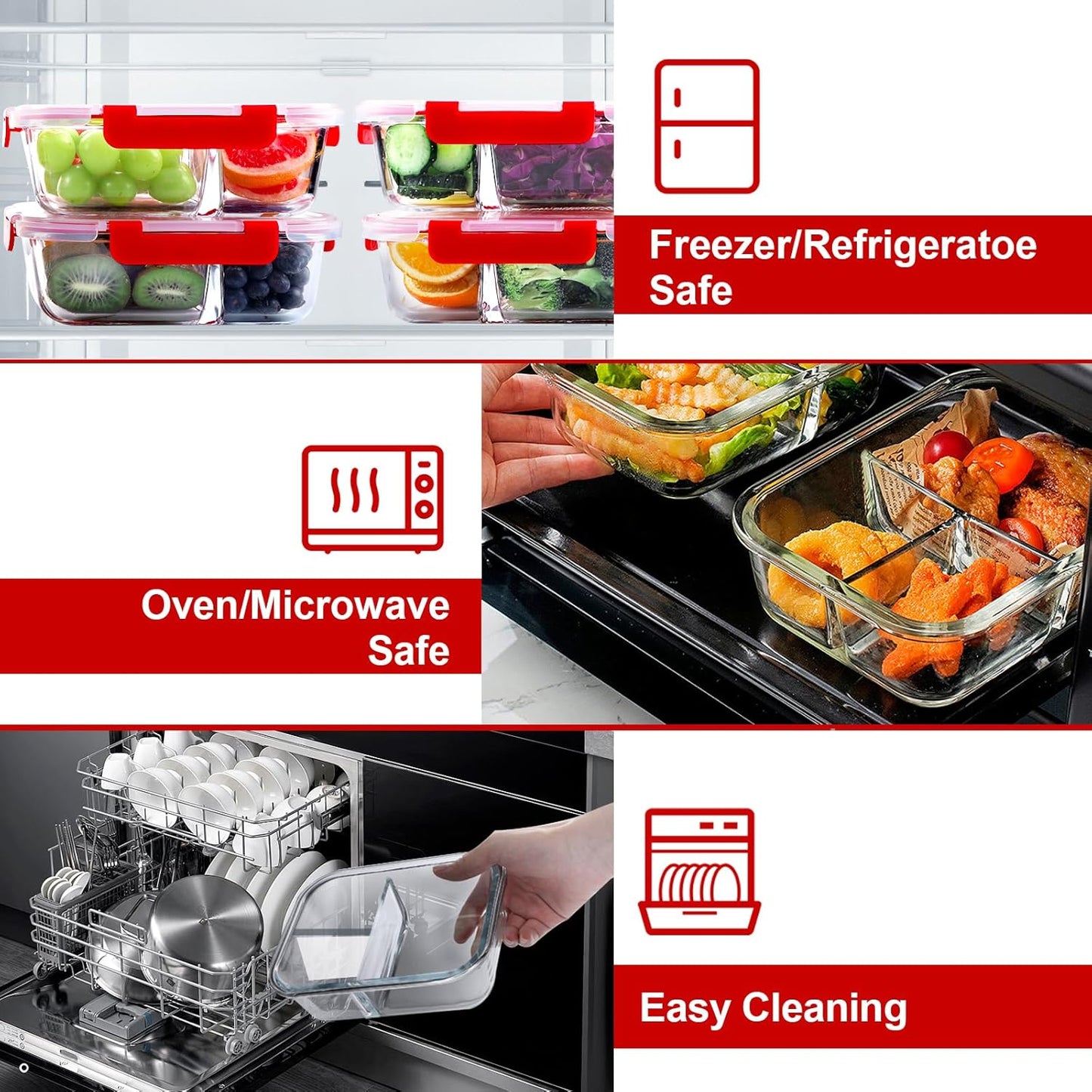 VERONES 5 Pack Glass Meal Prep Containers 3 Compartment Set, 36OZ Airtight Glass Lunch Containers, Glass Food Storage Containers with Lids, for Microwave, Oven, Freezer & Dishwasher Friendly,Green