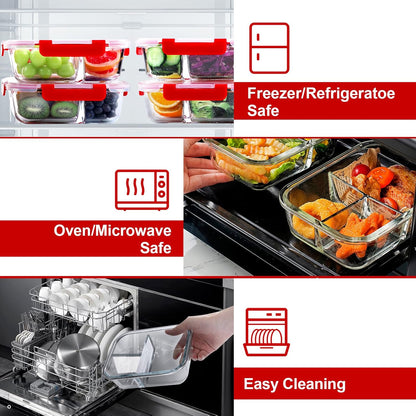 VERONES 5 Pack Glass Meal Prep Containers 3 Compartment Set, 36OZ Airtight Glass Lunch Containers, Glass Food Storage Containers with Lids, for Microwave, Oven, Freezer & Dishwasher Friendly,Green