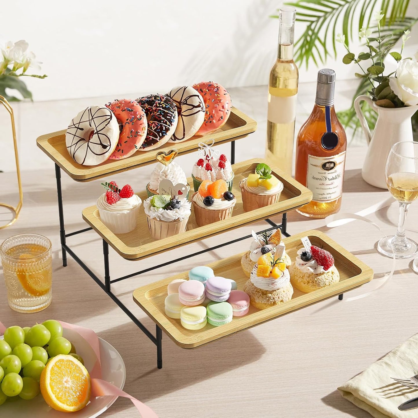 Lifewit 3 Tier Bamboo Serving Tray for Party Supplies, 30 x 17 cm/12" x 6.5" Platters for Serving Food, Reusable Trays with Gold Metal Display Stand for Veggie, Fruit, Cookies, Dessert