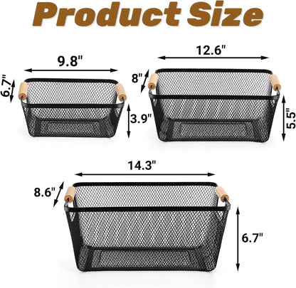 Noamus 3 Pack Metal Mesh Basket with Wooden Handle, Farmhouse Wire Steel Storage Bins, Rectangle Fruit Vegetable Organizer Containers for Home Cabinet Pantry Kitchen Decor, Snack Gift (Black, 3 Size)
