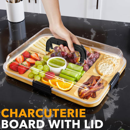 SpaceAid Charcuterie Board with Clear Lid, Portable Travel Cheese Cutting Boards for Picnic Accessories, Bamboo Serving Tray with Lids, House Warming Gifts, Black Handles, 8 Compartments