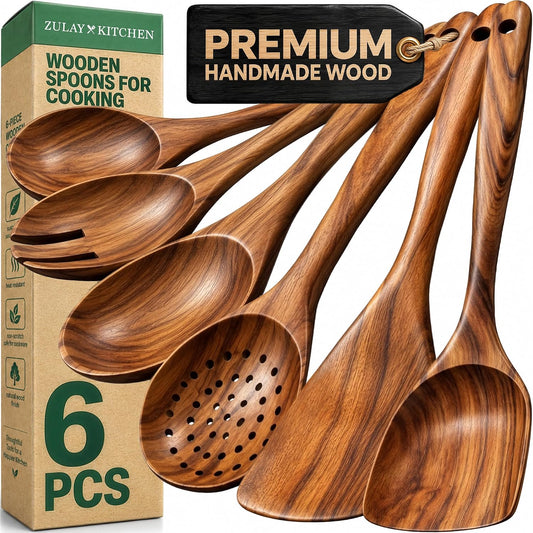 Zulay Kitchen Wooden Spoons for Cooking – Natural Teak Wooden Utensil Set, Easy to Clean, Durable, Smooth with Comfort Grip - Non Toxic Wooden Cooking Utensil Sets