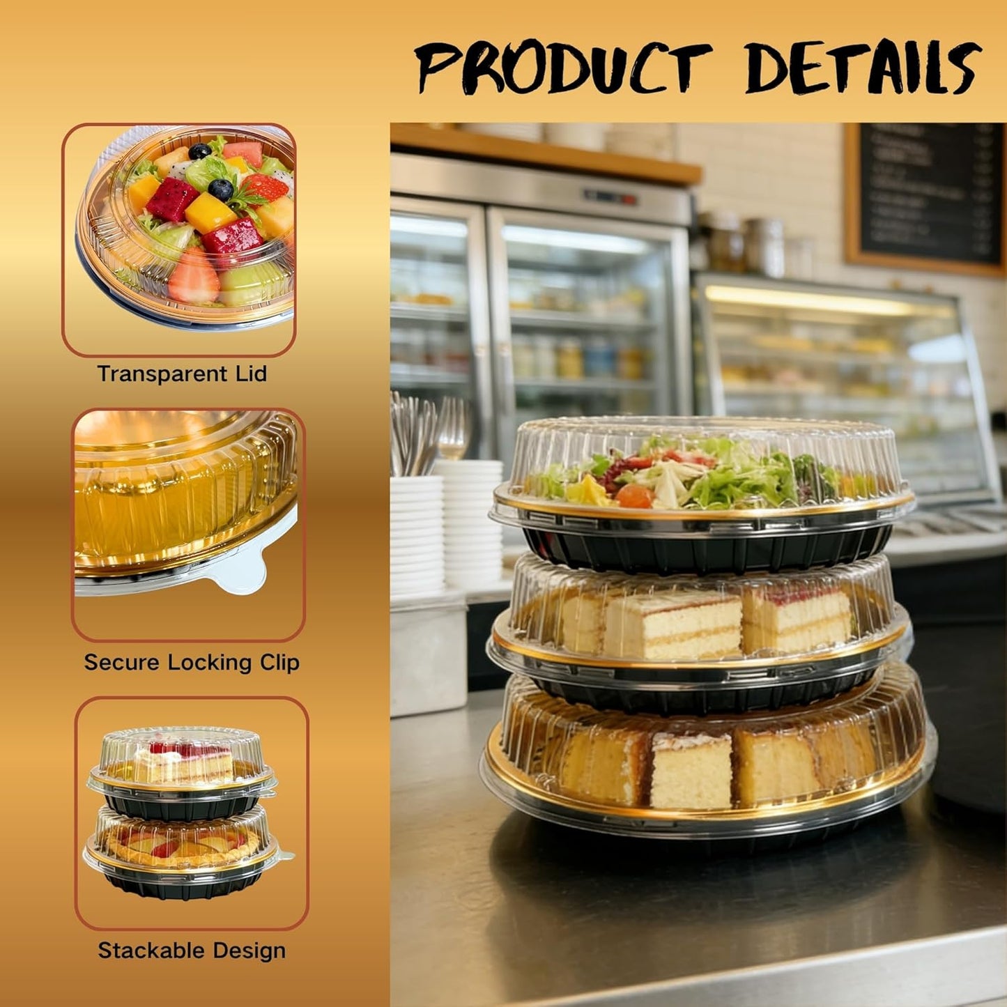 Disposable Pie Carrier with Clear Lid, 9.8 Inch Gold Plastic Serving Tray, Round Pies Holder for Pizza Dessert Salad Fruit Baking Meal Prep, 8 Pack