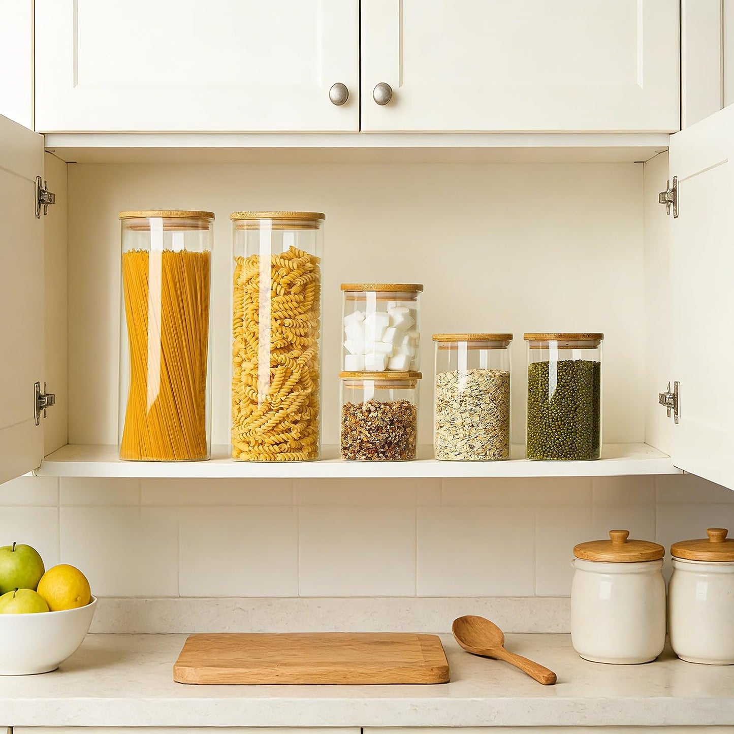 Vtopmart Glass Food Storage Jars, 7 Pack Kitchen Containers with Airtight Bamboo Wooden Lids for Pasta, Cookies, Nuts, Coffee Beans, Cereal, Canisters Set for Flour, Pantry Organization, BPA Free