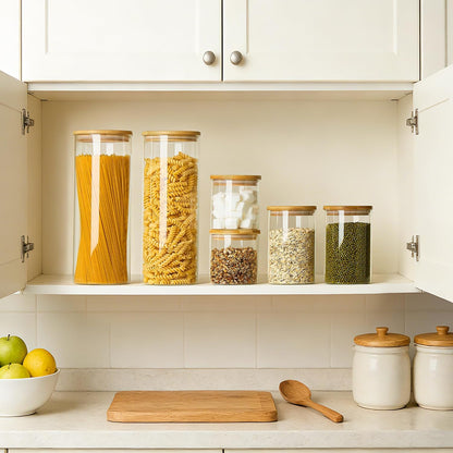 Vtopmart Glass Food Storage Jars, 7 Pack Kitchen Containers with Airtight Bamboo Wooden Lids for Pasta, Cookies, Nuts, Coffee Beans, Cereal, Canisters Set for Flour, Pantry Organization, BPA Free
