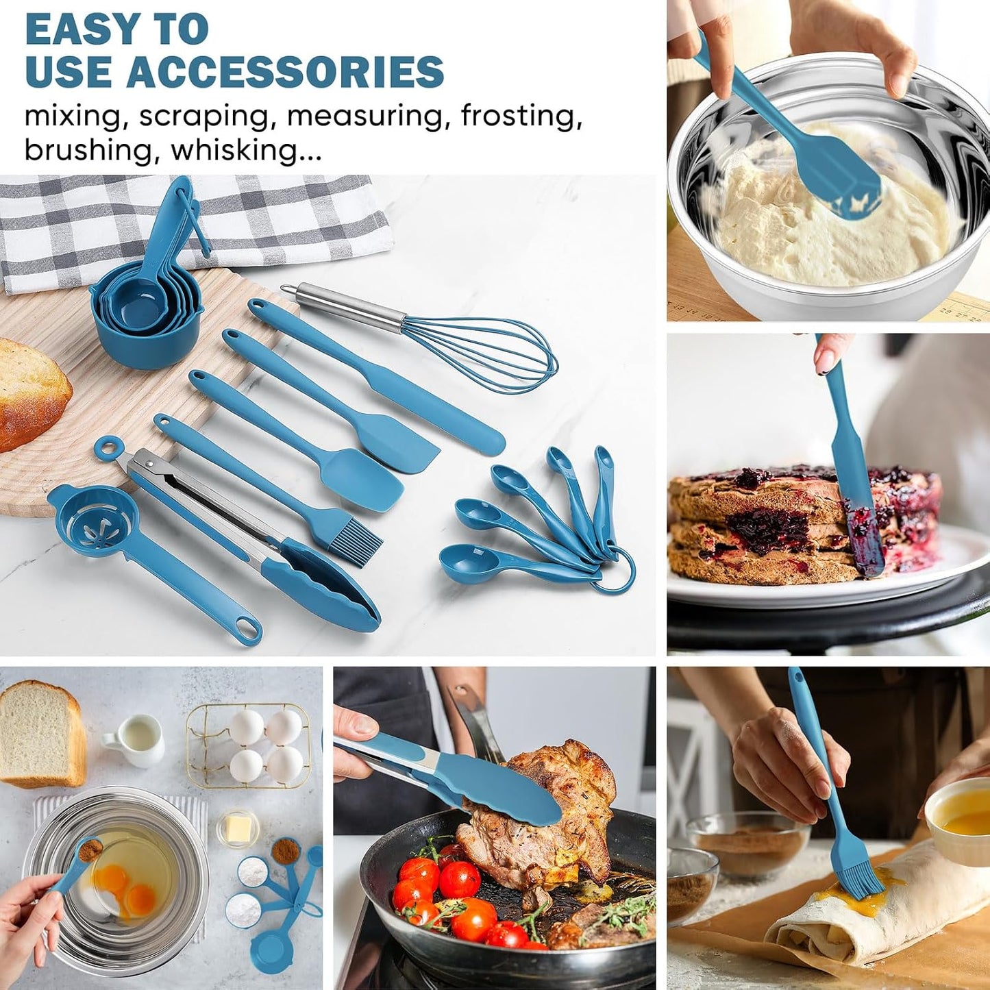 E-far 25PCS Mixing Bowls with Lid Set, Stainless Steel Nesting Prep Bowls with Grater Attachments Non-Slip Bottoms for Cooking, Serving, Food Storage, 4.6/2.6/2/1.5/1/0.7QT - Khaki