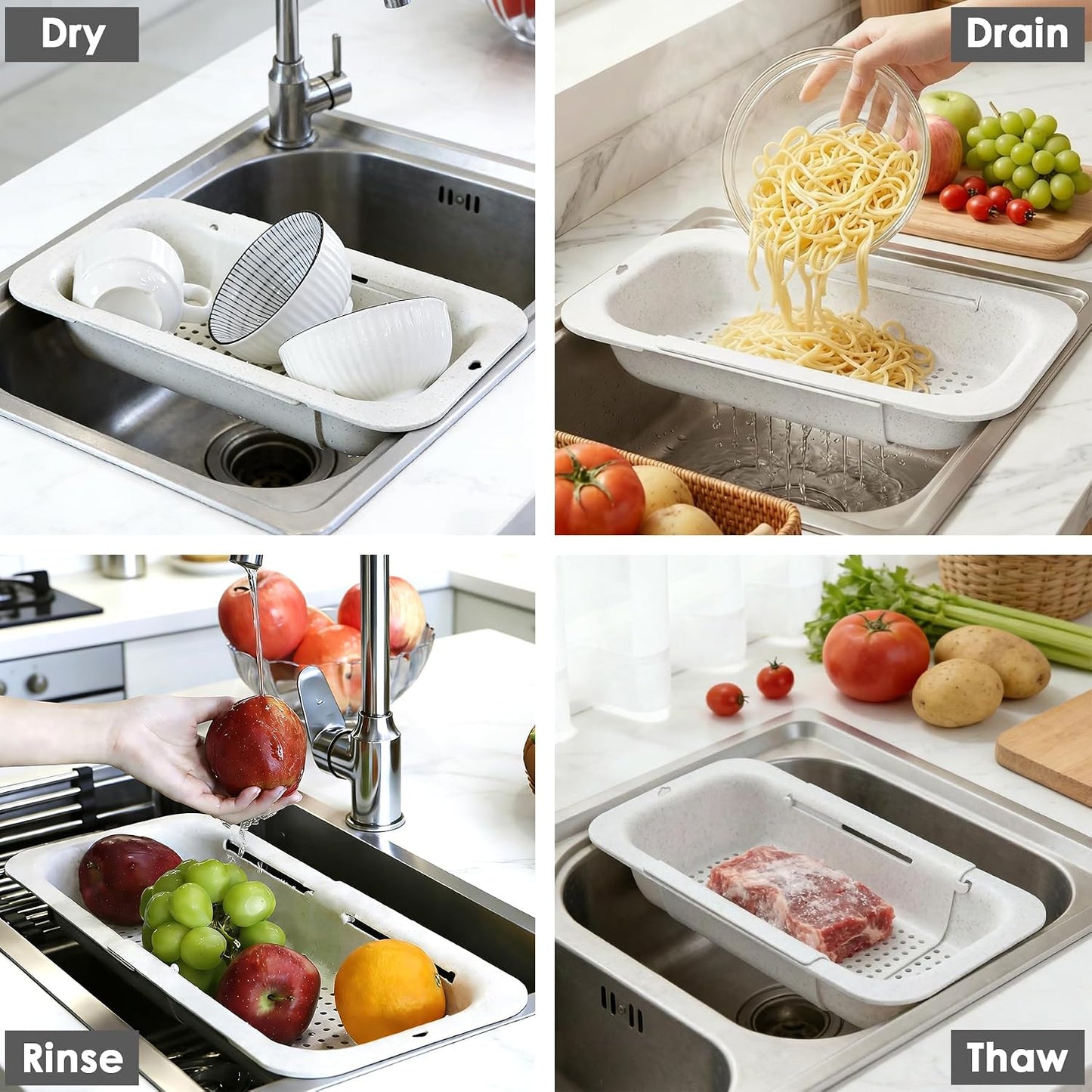 Extendable Colander Strainer Basket, Over the Sink Colander and Strainer for Kitchen, Wash Vegetables and Fruits, Drain Pasta and Dry Dishes, Adjustable Colander from 13.5In to 18.7In, Gray
