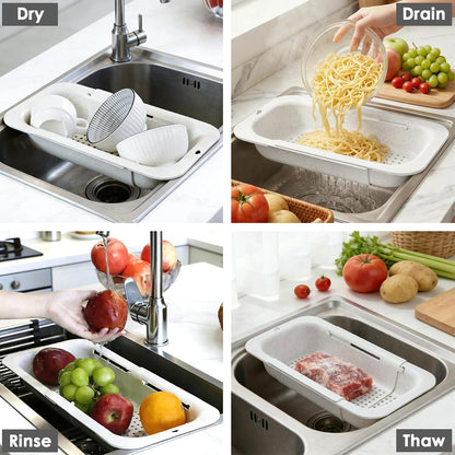 Extendable Colander Strainer Basket, Over the Sink Colander and Strainer for Kitchen, Wash Vegetables and Fruits, Drain Pasta and Dry Dishes, Adjustable Colander from 13.5In to 18.7In, Gray