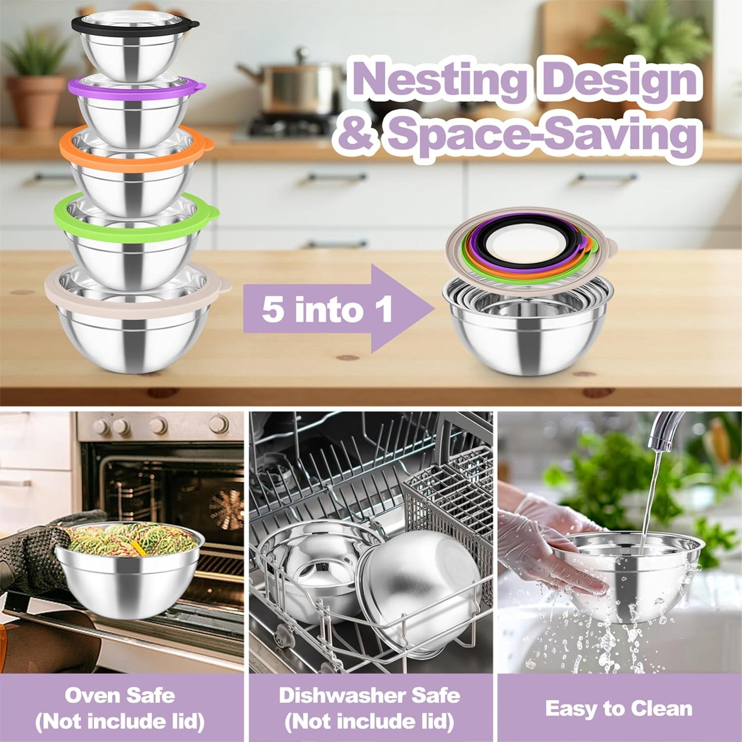 TeamFar Mixing Bowls Set, 4.5/3/1.5/1/0.7 QT Stainless Steel Nesting Salad Bowls with Airtight Lids, For Serving/Mixing/Storing, Non-Toxic & Heavy Duty, Visible & Easy Clean, Black, Set of 5