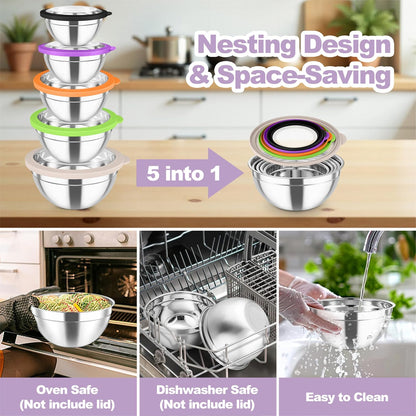 TeamFar Mixing Bowls Set, 4.5/3/1.5/1/0.7 QT Stainless Steel Nesting Salad Bowls with Airtight Lids, For Serving/Mixing/Storing, Non-Toxic & Heavy Duty, Visible & Easy Clean, Black, Set of 5