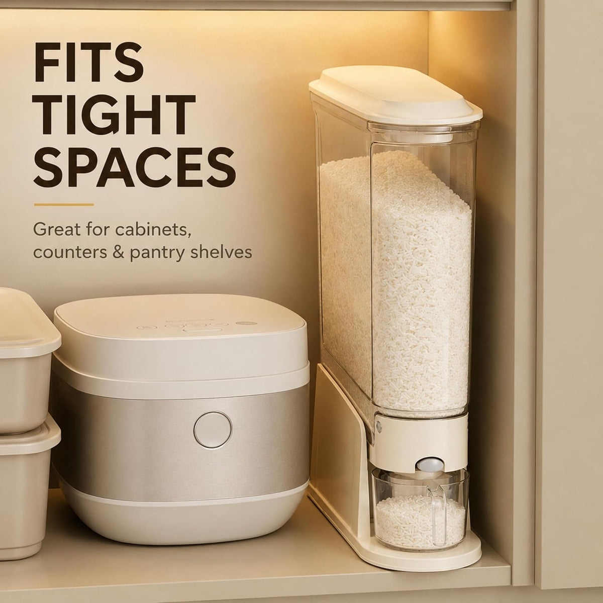 ROOM127 Rice Dispenser 22 Lbs, Large Airtight Grain Container, Cream White | Family Size Storage, BPA-Free, Moisture-Proof Seal, One-Touch Pouring, Clear Window, for Cereal, Beans, Oats & Dry Food