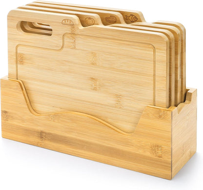 ZENFUN 4 Pack 12.5"L x 9.8"W Bamboo Cutting Boards with Holder, Wood Cutting Board Set, Chopping Boards Set with Food Icons, Kitchen Cutting Board Ideal for Meat, Fish, Bread, Vegetable, Fruit