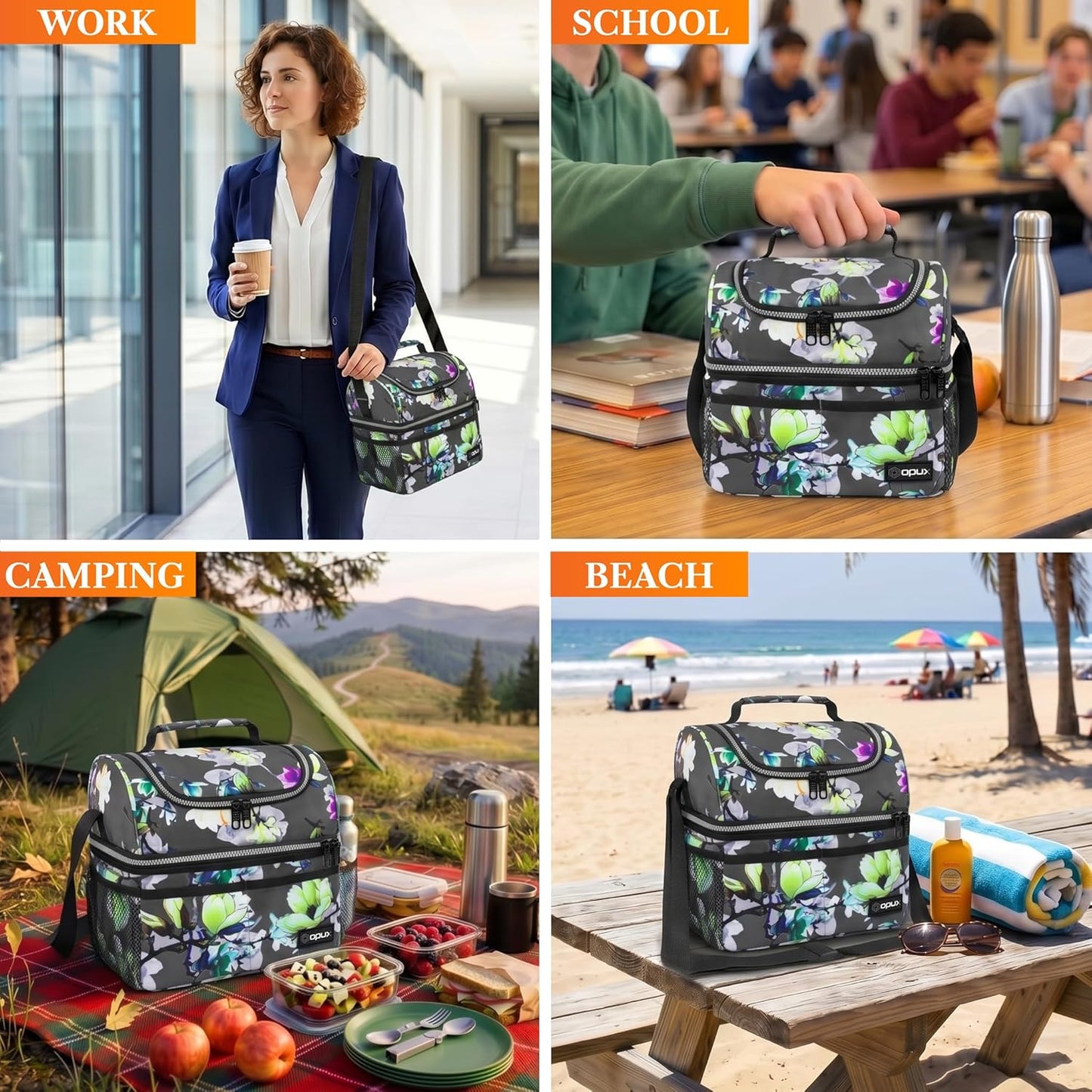 opux Insulated Lunch Bag for Men Women, Double Decker Leakproof Lunch Box Cooler Tote with Shoulder Strap, Large Lunchbox for Work School Travel Meal Prep, Adults Kids Boys Girls, Green, 16 Cans
