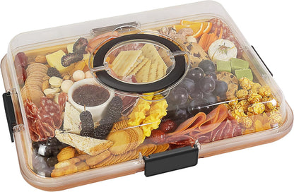 Renmxj Charcuterie Board with Clear Lid, Travel Portable Cheese Board Charcuterie Boxes Cutting Boards for Kitchen, House Warming Gifts New Home, Gifts for Women (6 Compartments Black)