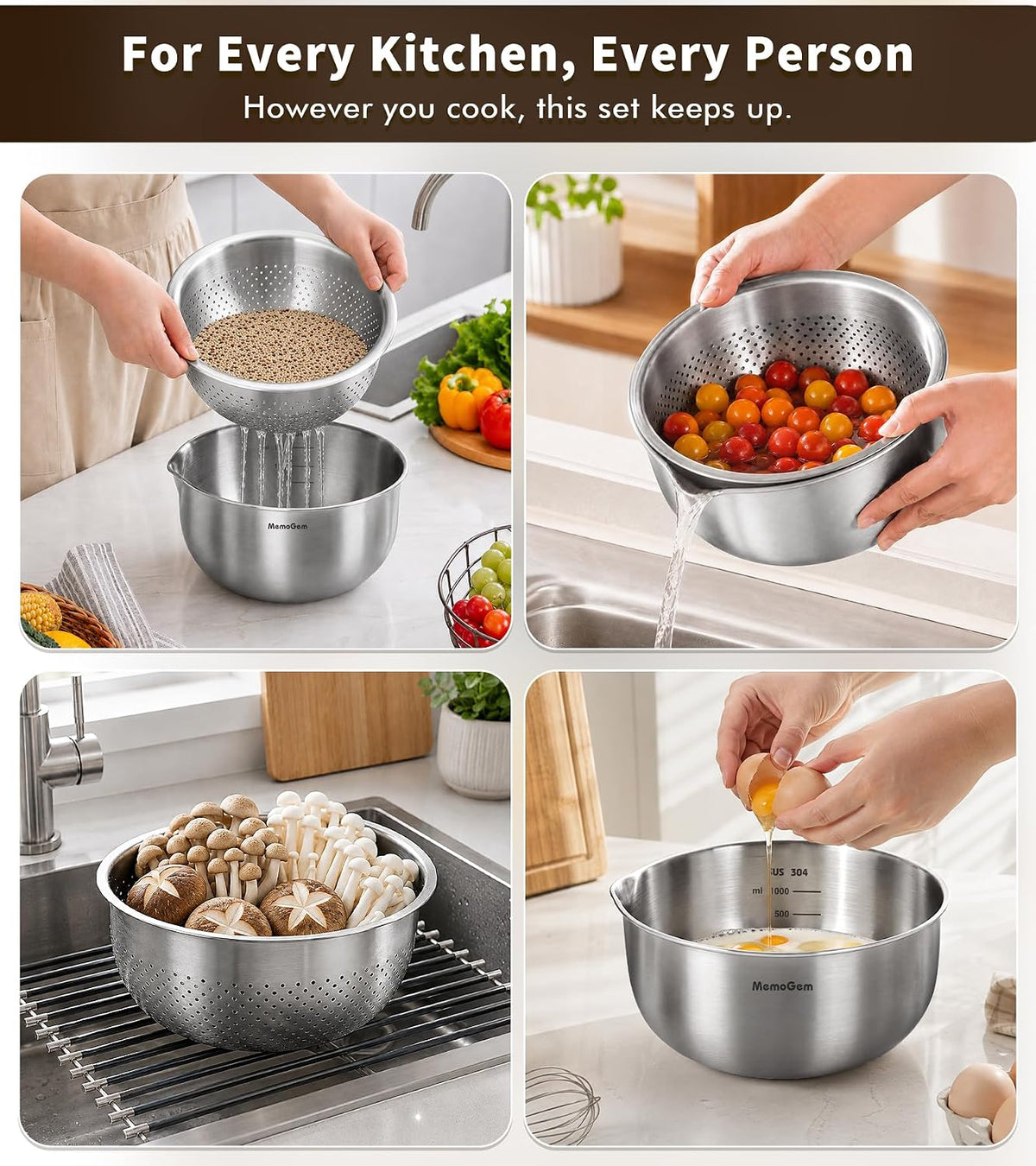 304 Stainless Steel Fine Mesh Colander Set, 1QT Large Capacity Strainer with Mixing Bowl, Rust Resistant Metal Strainer Bowl for Rinse Fruits, Veggies, Rice & Drain Pasta, Cooking, Dishwasher Safe