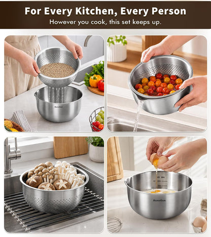 304 Stainless Steel Fine Mesh Colander Set, 1QT Large Capacity Strainer with Mixing Bowl, Rust Resistant Metal Strainer Bowl for Rinse Fruits, Veggies, Rice & Drain Pasta, Cooking, Dishwasher Safe