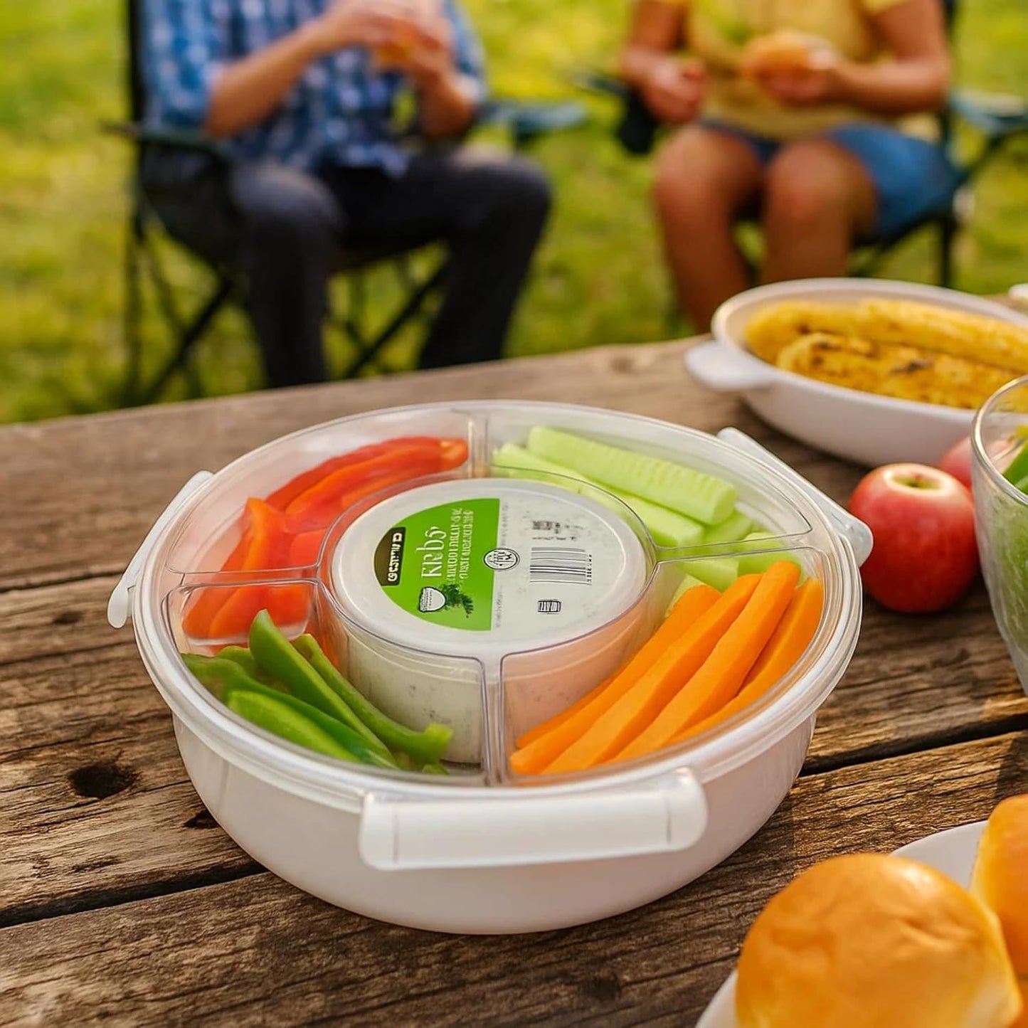 Lustroware Gourmet Palette Airtight 5-Compartment Round Serving Tray with Lid – Portable Snackle Platter & Charcuterie Organizer Box with Removable Dividers for Fruit, Vegetables, Snacks, Appetizers