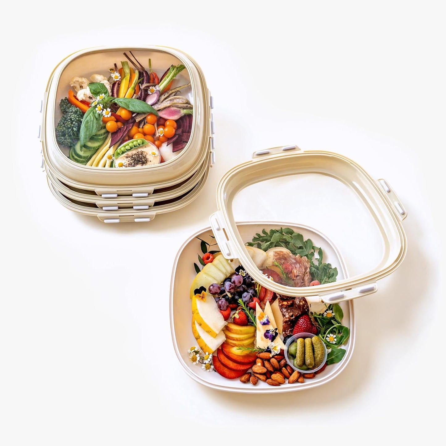 Crudités | Portable Snack Tray | Rectangle 2-Pack | Cream White | Reversible Stretch Lid Food Containers | BPA-Free, Freezer & Dishwasher Safe | Meal-Prep, Charcuterie, Salads, Picnic, Travel