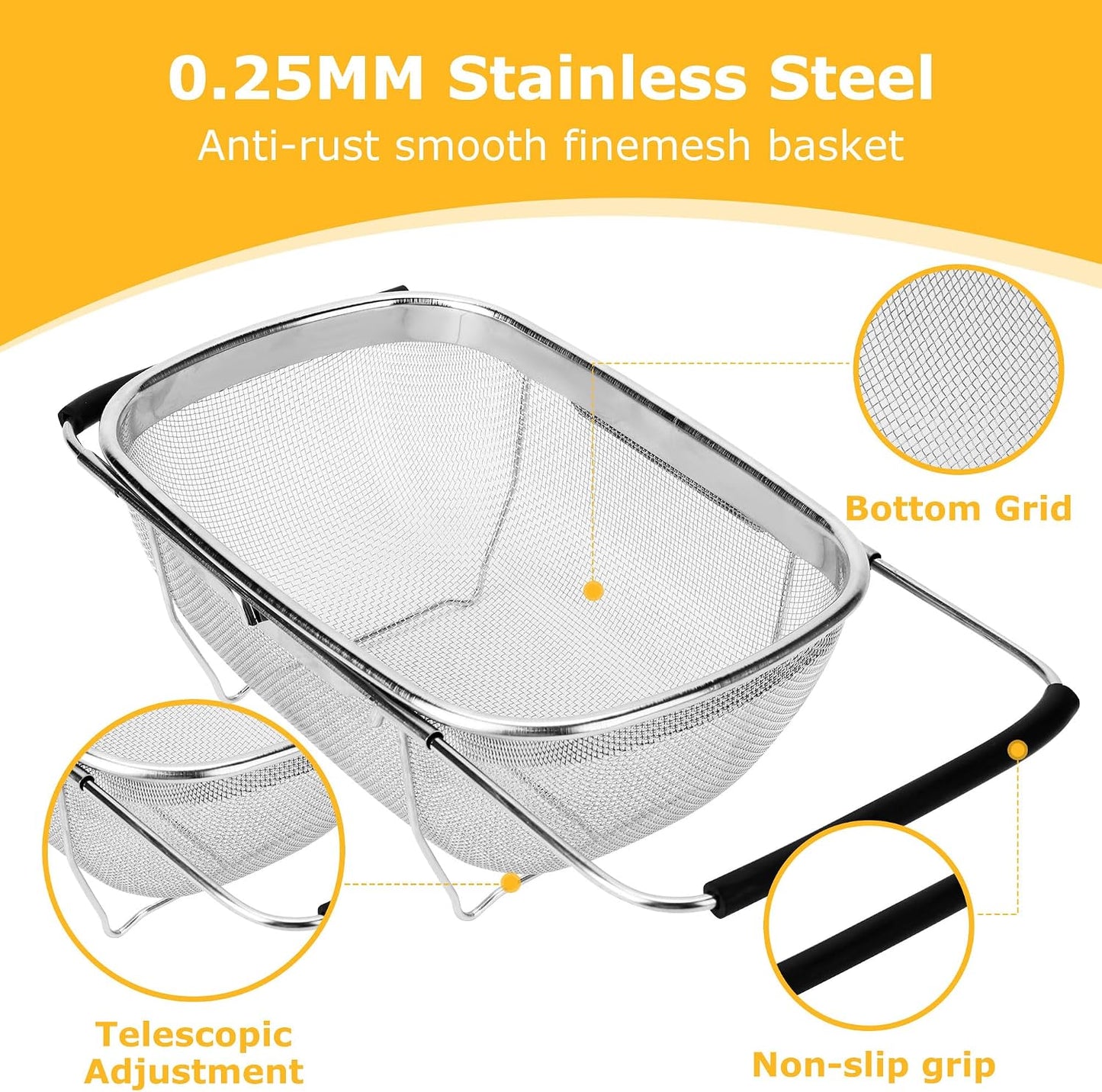 ZDRongZhen Kitchen Accessories Over the Sink Colander Strainer Basket，Stainless Steel Colander with Expandable Rubber Grip Sink Drainer-Rinse Vegetables Fruits &Strain&Drain (Large-Fine mesh)