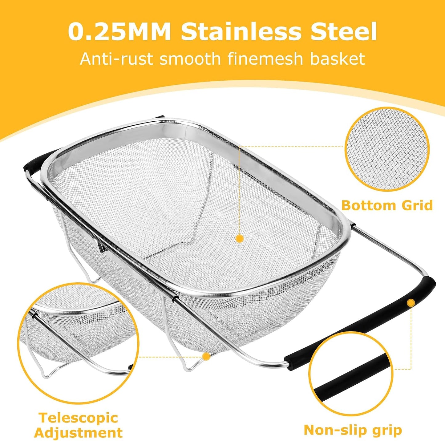 ZDRongZhen Kitchen Accessories Over the Sink Colander Strainer Basket，Stainless Steel Colander with Expandable Rubber Grip Sink Drainer-Rinse Vegetables Fruits &Strain&Drain (Large-Fine mesh)