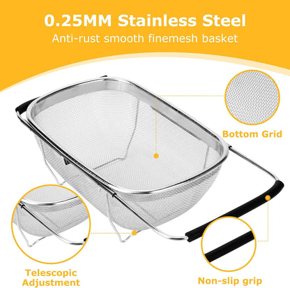 ZDRongZhen Kitchen Accessories Over the Sink Colander Strainer Basket，Stainless Steel Colander with Expandable Rubber Grip Sink Drainer-Rinse Vegetables Fruits &Strain&Drain (Large-Fine mesh)
