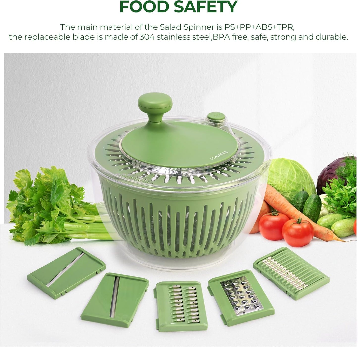 SUSTEAS Salad Spinner Large, Vegetables Wash Bowl, Fruits & Herb Lettuce Dryer with 5 Blade Slicer Egg Yolk Strainer Shredder for Efficient Salad Preparation and Food Washing, 4.25Qt