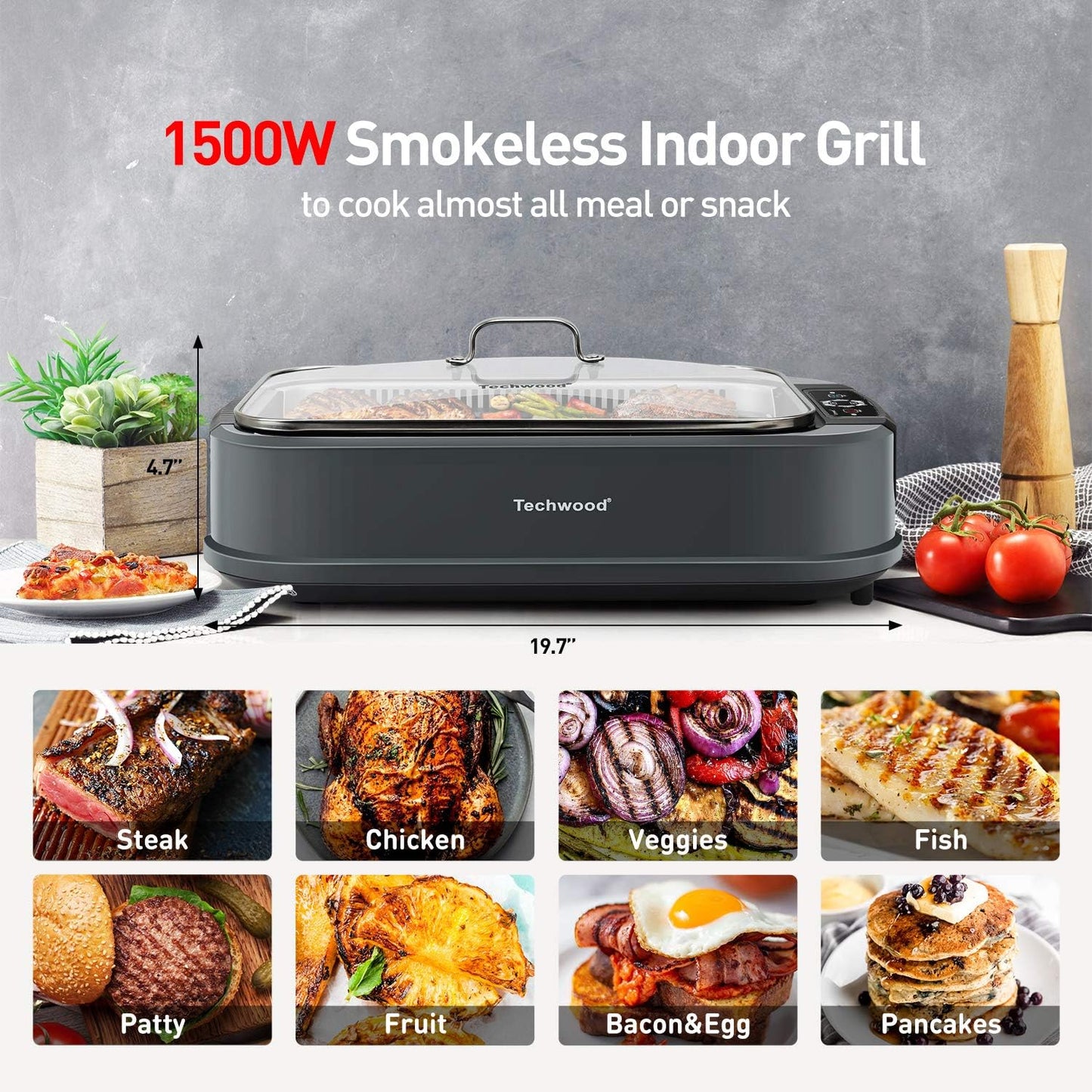 Techwood Indoor Grill Smokeless Grill, Electric Korean BBQ Grill with Glass Lid, Turbo Smoke Extractor Technology, Dishwasher-Safe Drip Tray & Nonstick Grilling Removable Plate, Black, 1500W