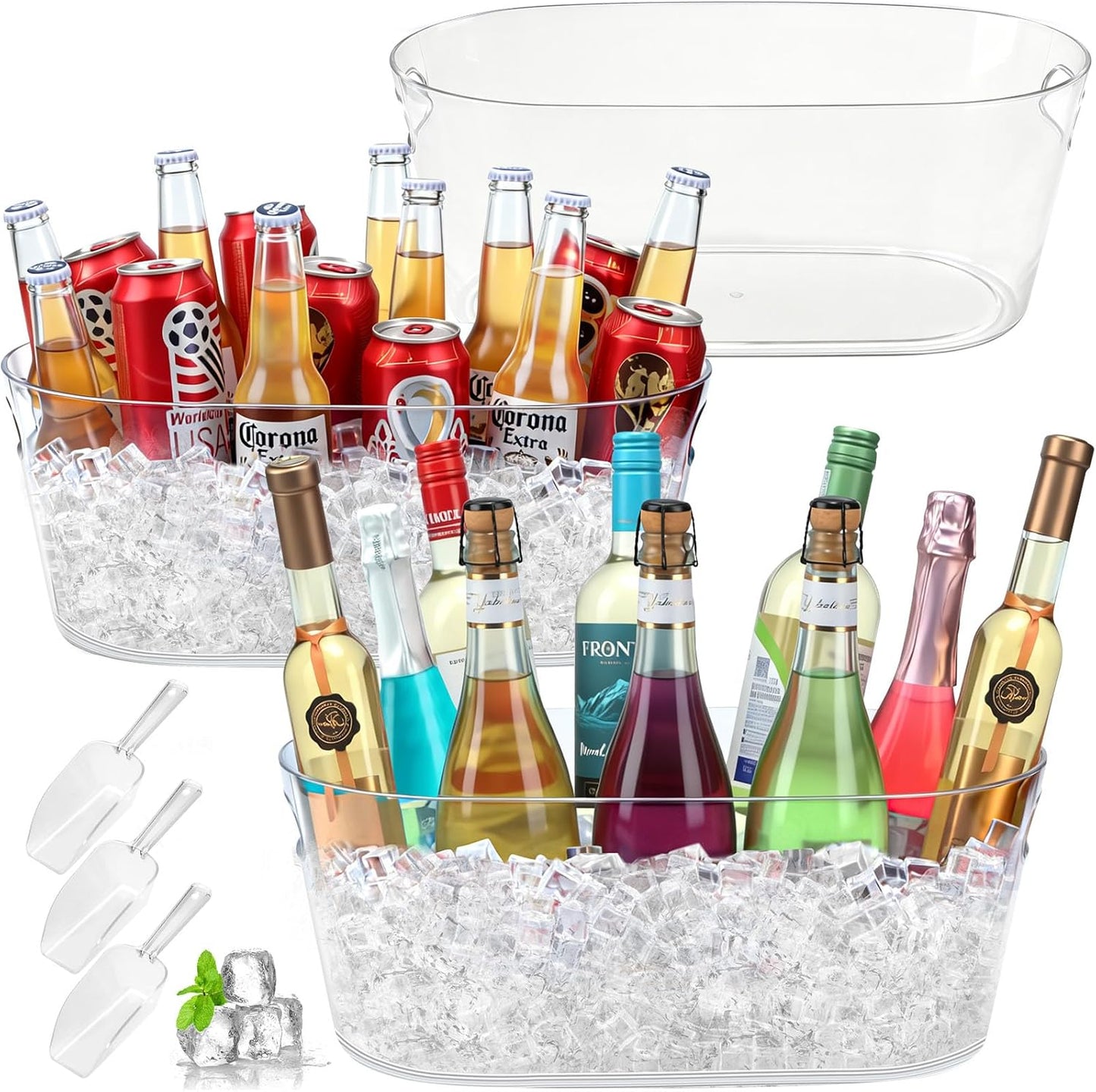 2 PCS Ice Buckets for Parties, 15L Large Ice Bucket, 4 Gallon Clear Acrylic Champagne Wine Buckets with 2 Scoops, Beverage Tub Mimosa Bar Supplies for Champagne, Beer, Cocktail