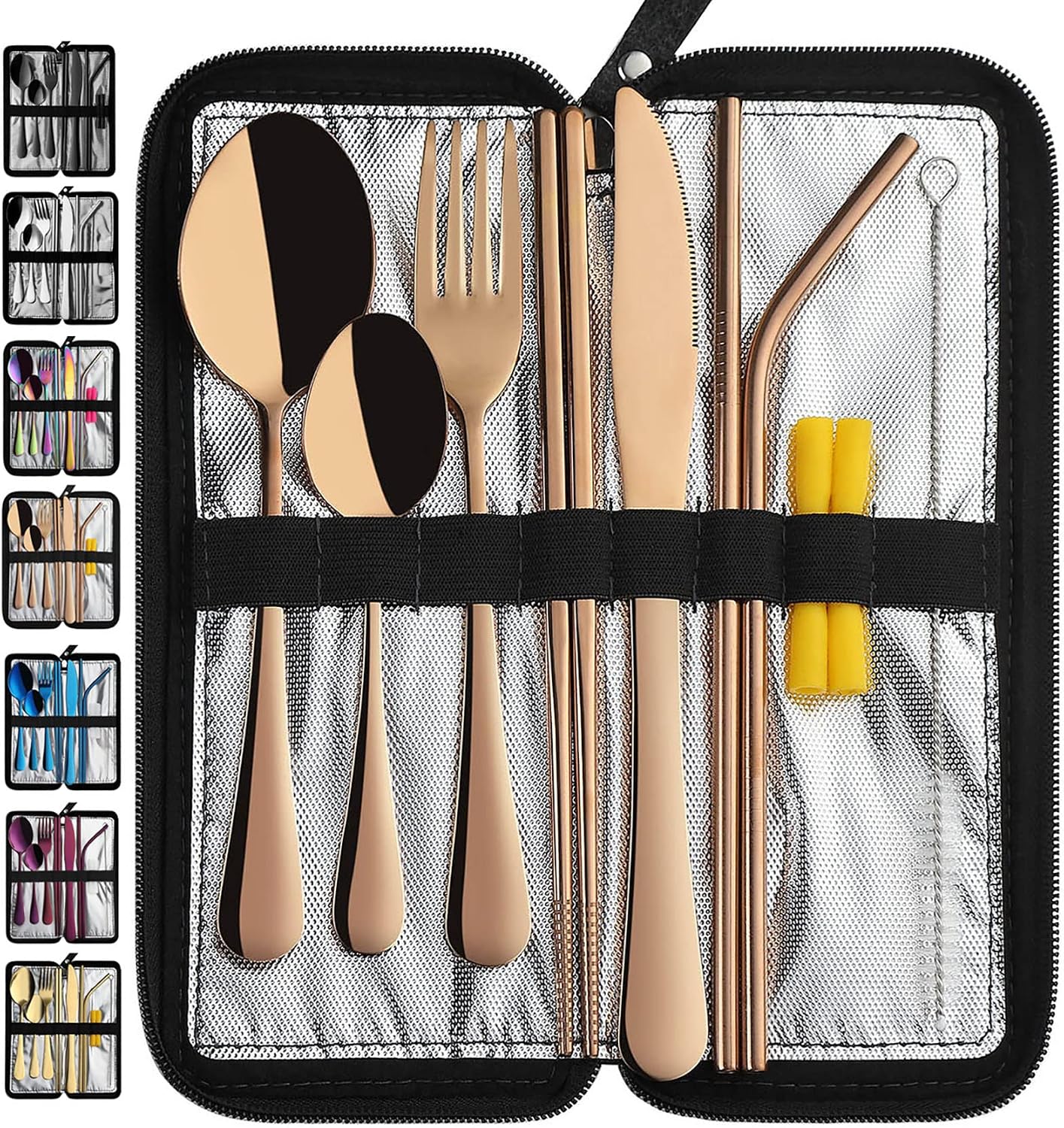 VANDBAO Camping Utensils Set, Portable Travel Utensils with Case for Fixing Tableware, Reusable Stainless Steel Stable Cutlery Set, Lunch Picnic Flatware Silverware (Rainbow Set)