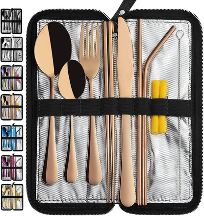 VANDBAO Camping Utensils Set, Portable Travel Utensils with Case for Fixing Tableware, Reusable Stainless Steel Stable Cutlery Set, Lunch Picnic Flatware Silverware (Rainbow Set)