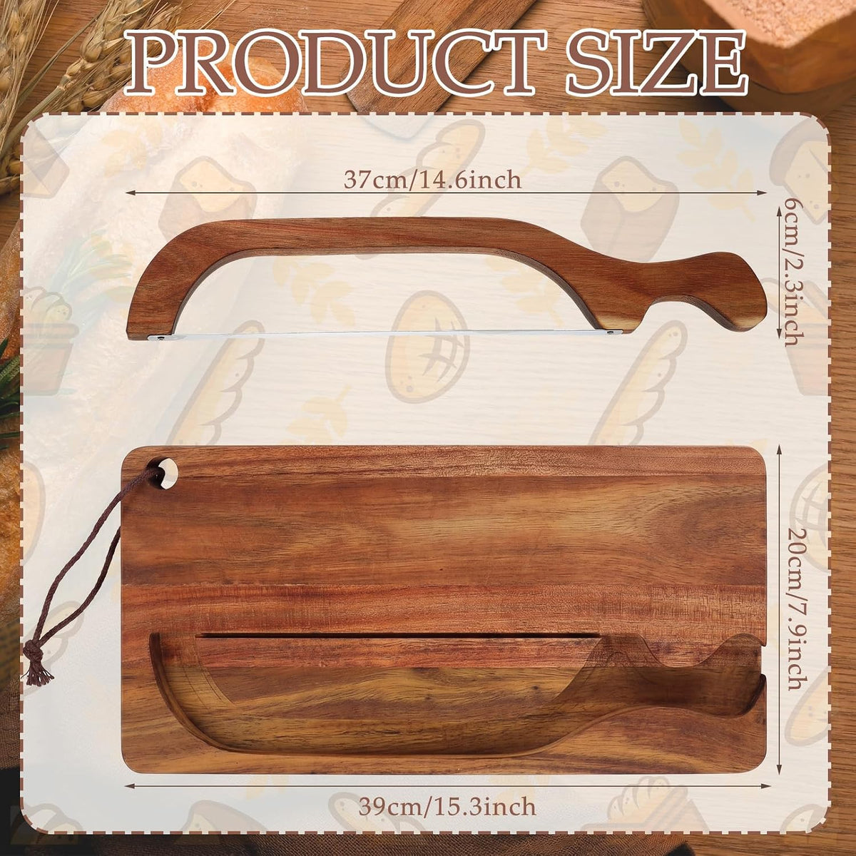 15.3 Inch Acacia Wooden Sourdough Bread Slicer Set, Adjustable Thickness Bread Acacia Cutting Board with Groove Curved Handle Knife for Bakers Sourdough Lover Gifts