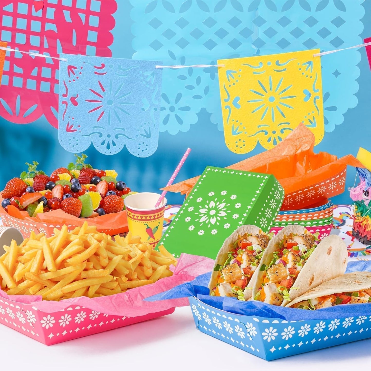 Mexican Taco Nights Food Trays - 120P Mexican Wax Paper Deli Trays Nacho Popcorn Grease Proof Container Unassembled Disposable Carnival Party Supplies Concession Stand Food Containers