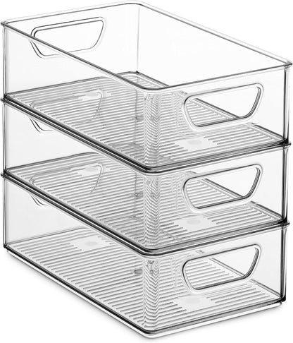 Set Of 6 Refrigerator Organizer Bins - Stackable Fridge Organizers with Cutout Handles for Freezer, Kitchen, Countertops, Cabinets - Clear Plastic Pantry Food Storage Rack