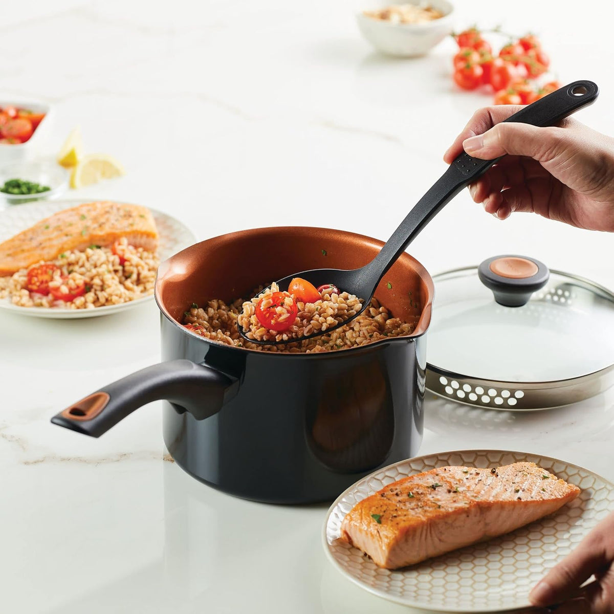 Farberware Glide Copper Ceramic Nonstick Straining Sauce Pan, 3-Quart