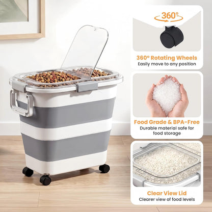30 Lbs Rice Storage Container with Wheels, Collapsible Airtight Dog Food Storage Container with Transparent Lid, Measuring Cup, Scoop, Handle, BPA Free Rice Holder for Pet Food, Grain, Bird Seed