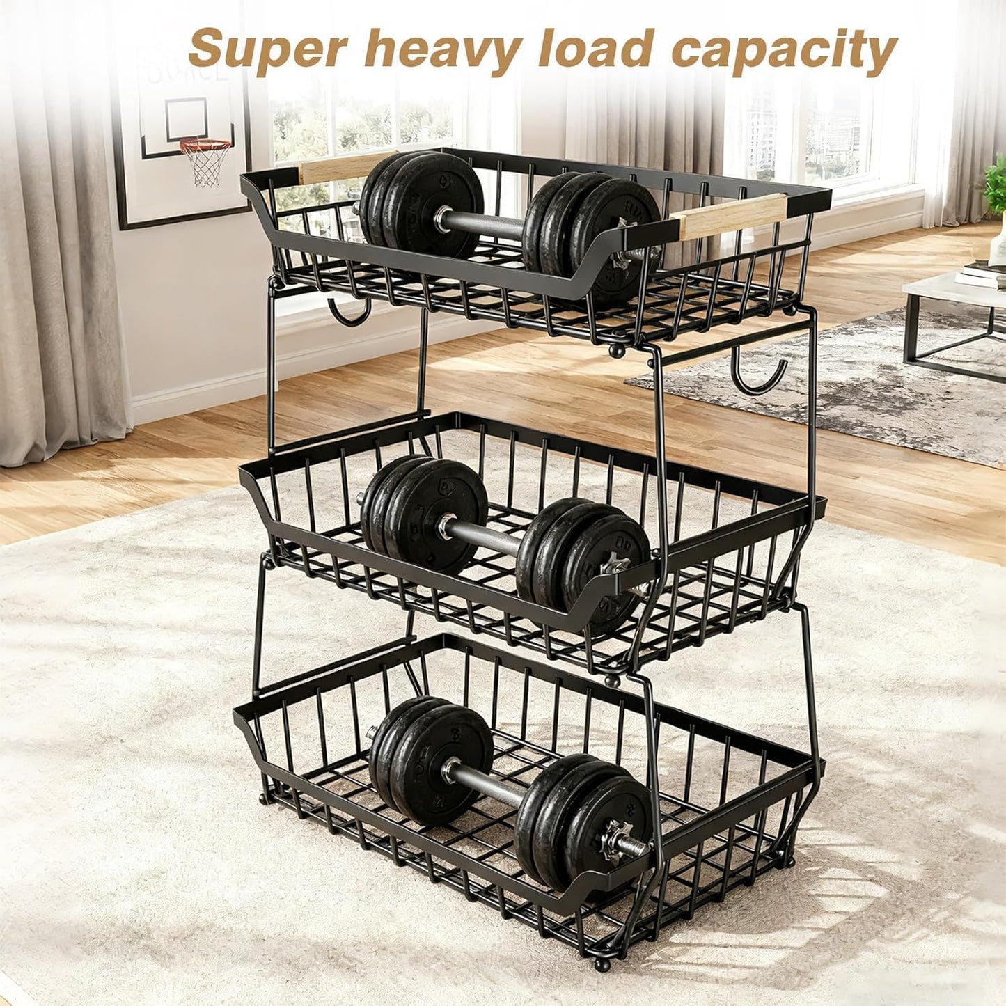 3 Tier Fruit Basket with 2 Banana Hangers for Kitchen Counter | 3-Tier Detachable Design,Metal Wire Construction, Wooden Handle, Large Capacity, Multi-Purpose Organizer,Mesh Basket