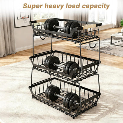 3 Tier Fruit Basket with 2 Banana Hangers for Kitchen Counter | 3-Tier Detachable Design,Metal Wire Construction, Wooden Handle, Large Capacity, Multi-Purpose Organizer,Mesh Basket