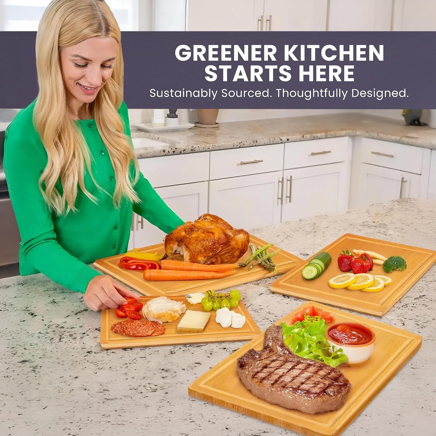 Greener Chef Luxury Bamboo Cutting Board Set of 3 with Glue-Free Surface Technology - Extra Spacious Wood Cutting Boards for Kitchen and XL Chopping Board Set - Replacements for Life
