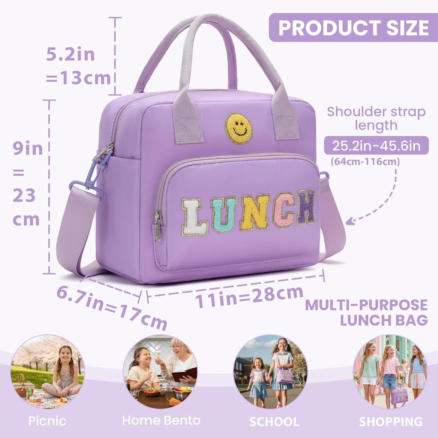 RLGPBON Insulated Lunch Bag Teen Girls, Preppy Lunch Box Large Insulated Lunch Bag Reusable Lunch Tote Bag, Preppy LunchBag for Girls School Travel Picnic