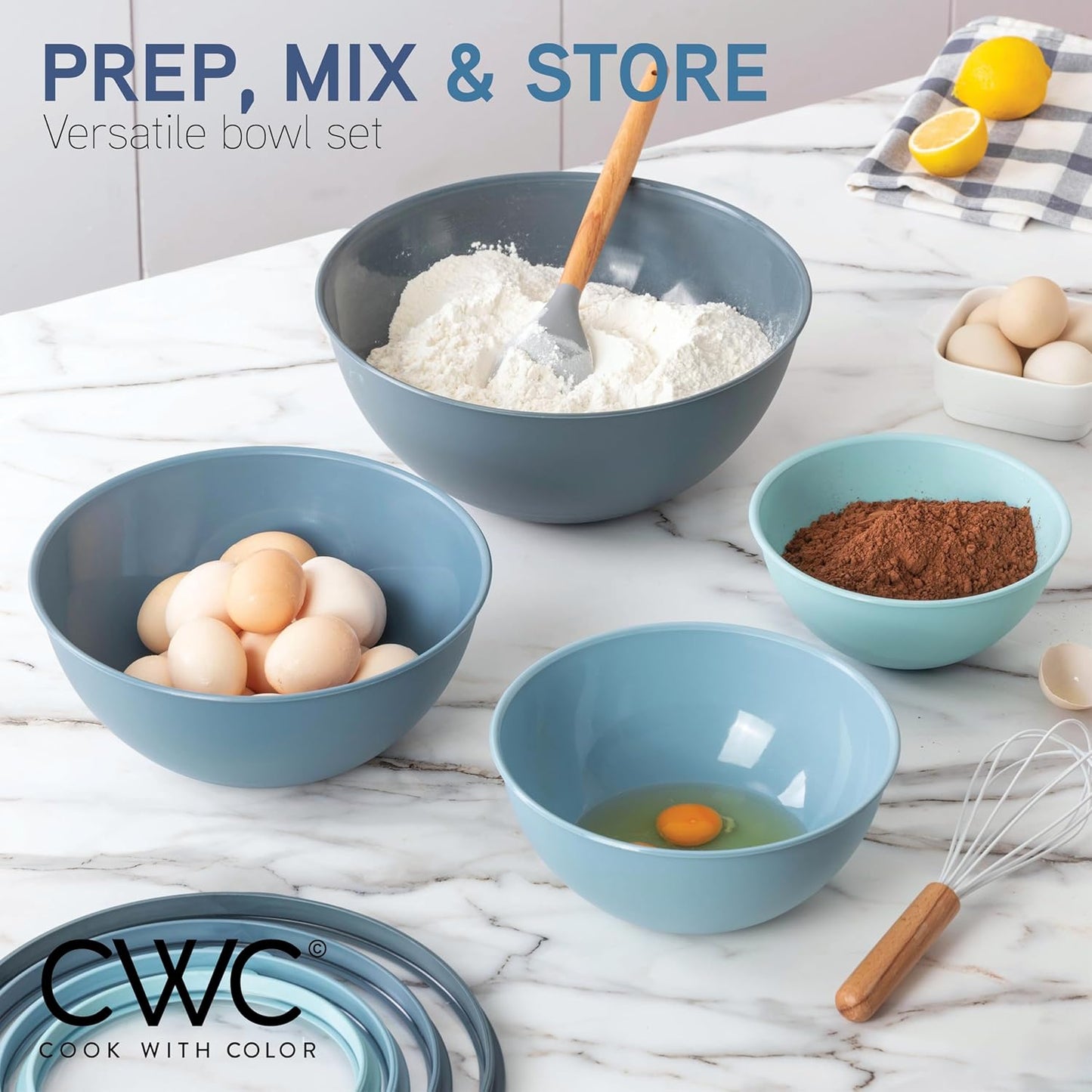 COOK WITH COLOR Mixing Bowls with Lids - 12 Piece Plastic Nesting Bowls Set includes 6 Prep Bowls and 6 Lids, Microwave Safe Mixing Bowl Set, Pink Embossed - Colors A