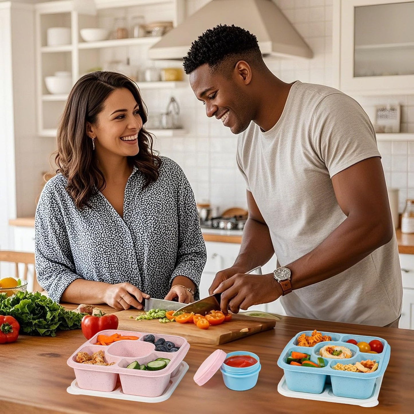 Original Lunchable Snack Containers - 5 Compartments Bento Snack Boxes with 1 Leakproof Small Containers, Wheat Straw, BPA-Free, Set of 2 (Bule+Pink)