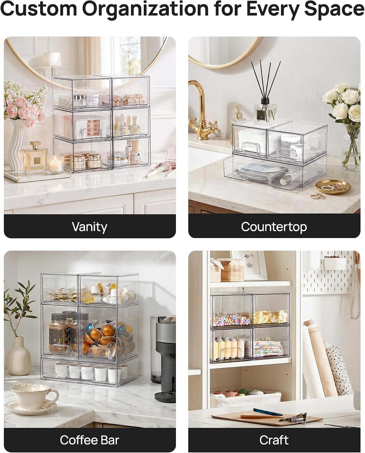 Vtopmart Stackable Storage Drawers Set of 5, Clear Plastic Organizer Bins for Baby Bottle, Beauty Supplies Storage, Ideal for Kichen Countertop, Vanity, Bathroom, Cabinet, Pantry Organization