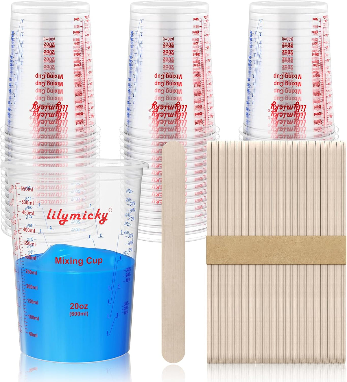 Plastic Mixing Cups, 20 oz Measuring Cups with Mixing Sticks