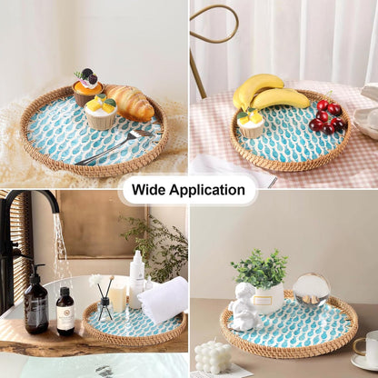 Round Rattan Tray with Mother of Pearl Inlay, Rattan Serving Tray for Coffee, Bread, Fruits, Decorative Wicker Tray for Table Decor, Home Decor, Kitchen Island Decor(Black Checkerboard, 11.8")