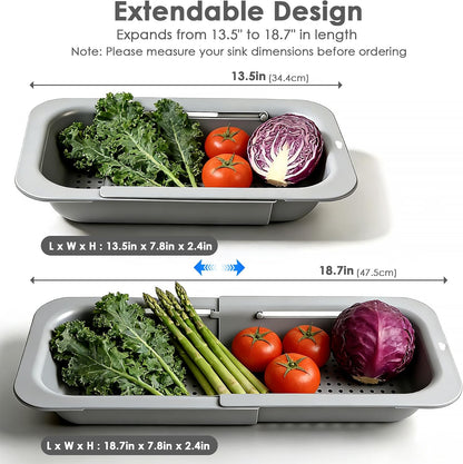 Extendable Colander Strainer Basket, Over the Sink Colander and Strainer for Kitchen, Wash Vegetables and Fruits, Drain Pasta and Dry Dishes, Adjustable Colander from 13.5In to 18.7In, Gray