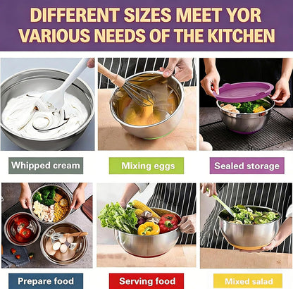 Thickened Heavy-Duty 26pcs Stainless Steel Bowl, Mixing Bowl Set with Lid, Grater Attachment, Non-Slip Bottom and Kitchen Gadget Set, Sizes 7, 4, 2.5, 2.0, 1.5, 1QT, Ideal for Mixing and Serving