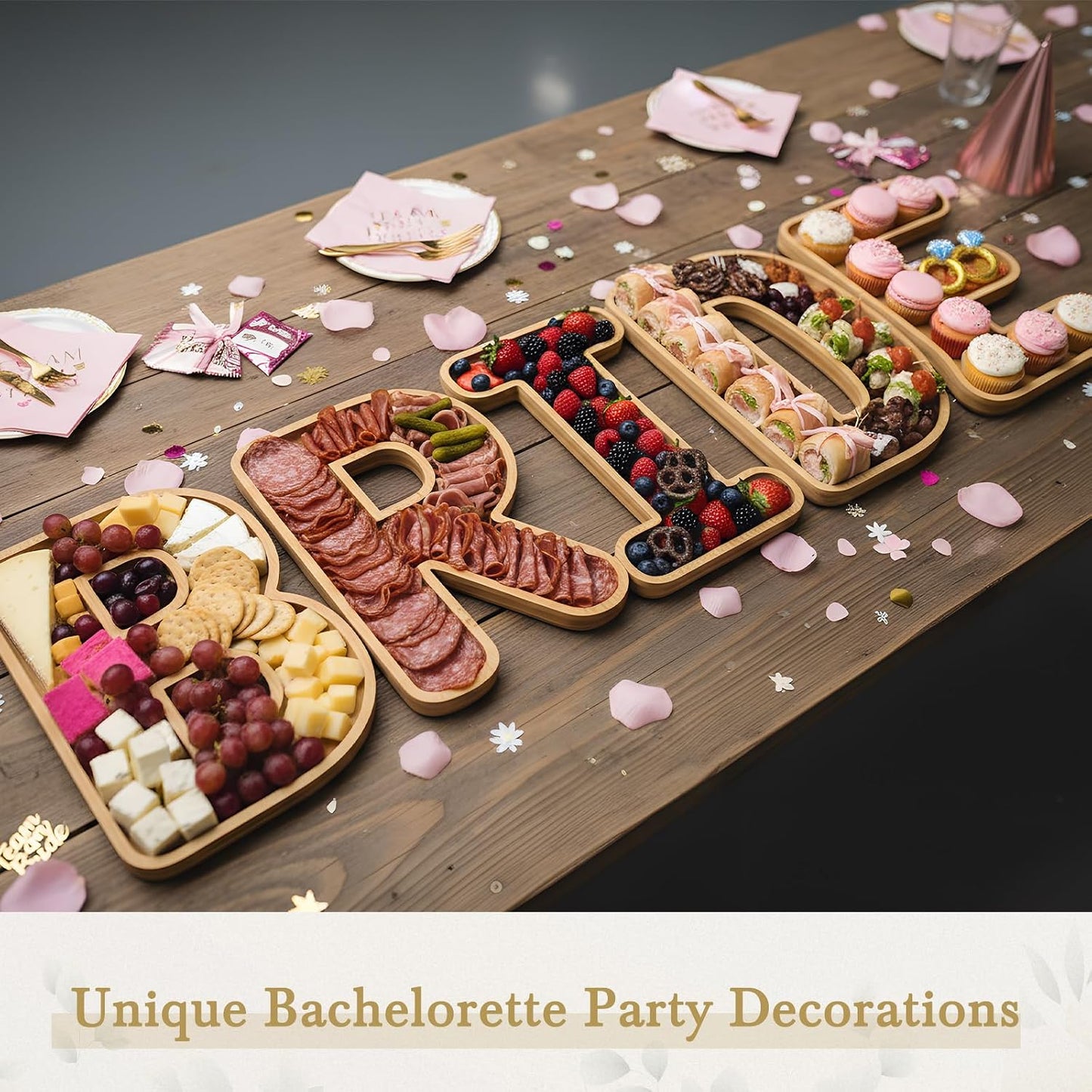 5 Pcs Bride Bamboo Serving Trays Set 11'' Wooden Fillable Charcuterie Letters Board Smooth Finish Snack Plates Candy Fruit Cookie Platter Cookware for Wedding Bachelorette Party Supplies