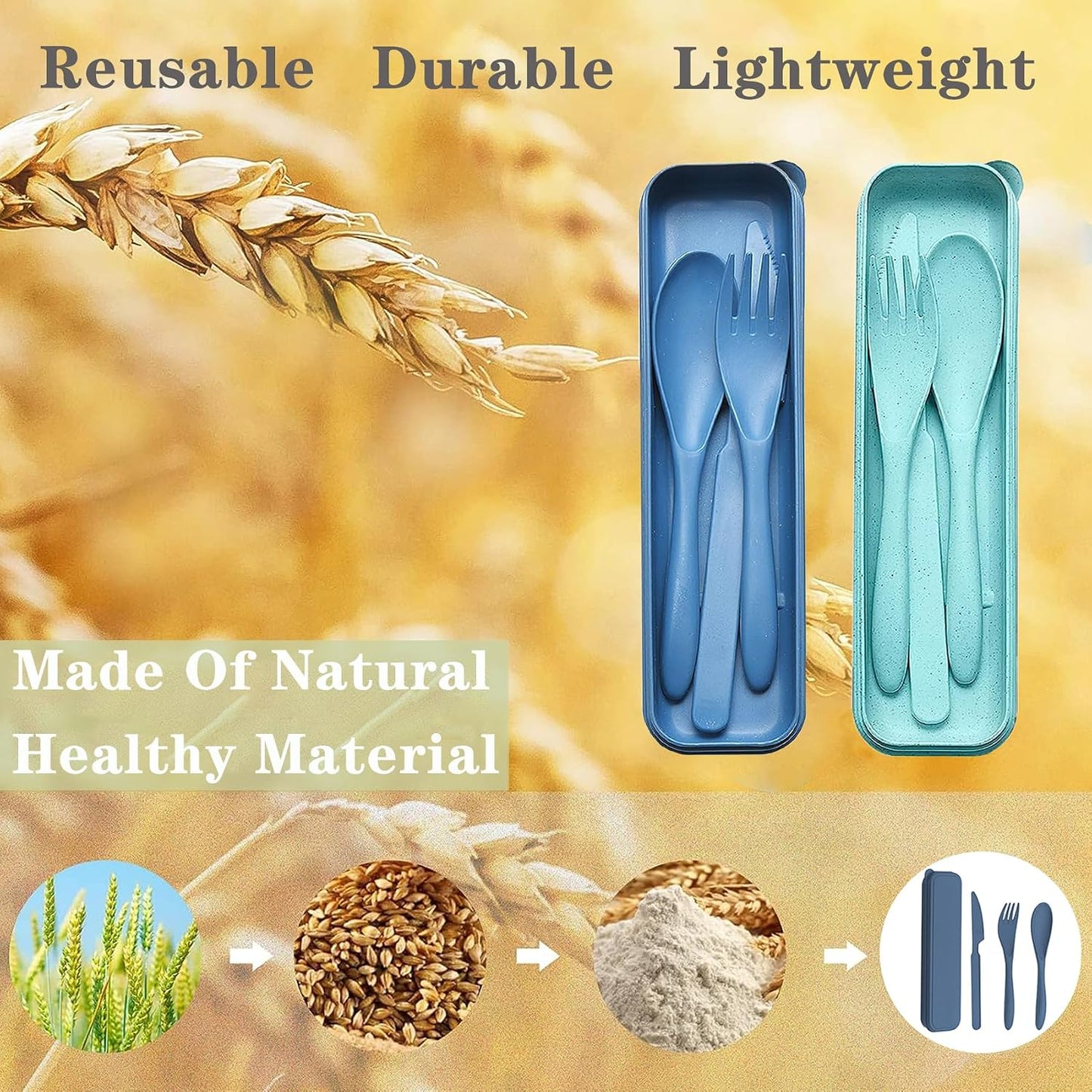 Reusable Travel Utensils Set with Case, 4 Sets Wheat Straw Portable Plastic Fork Spoons Knife Cutlery, Camping Eco-Friendly BPA Free Tableware for Kids Adults Work Picnic or Daily Use (Colorful)