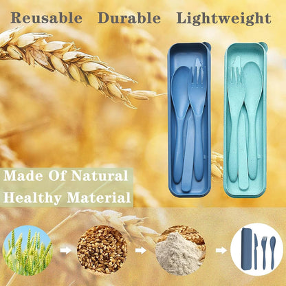 Reusable Travel Utensils Set with Case, 4 Sets Wheat Straw Portable Plastic Fork Spoons Knife Cutlery, Camping Eco-Friendly BPA Free Tableware for Kids Adults Work Picnic or Daily Use (Colorful)