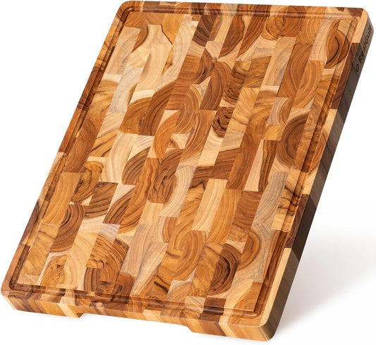 17x13 End Grain Teak Cutting Board with Juice Groove, Non-Slip